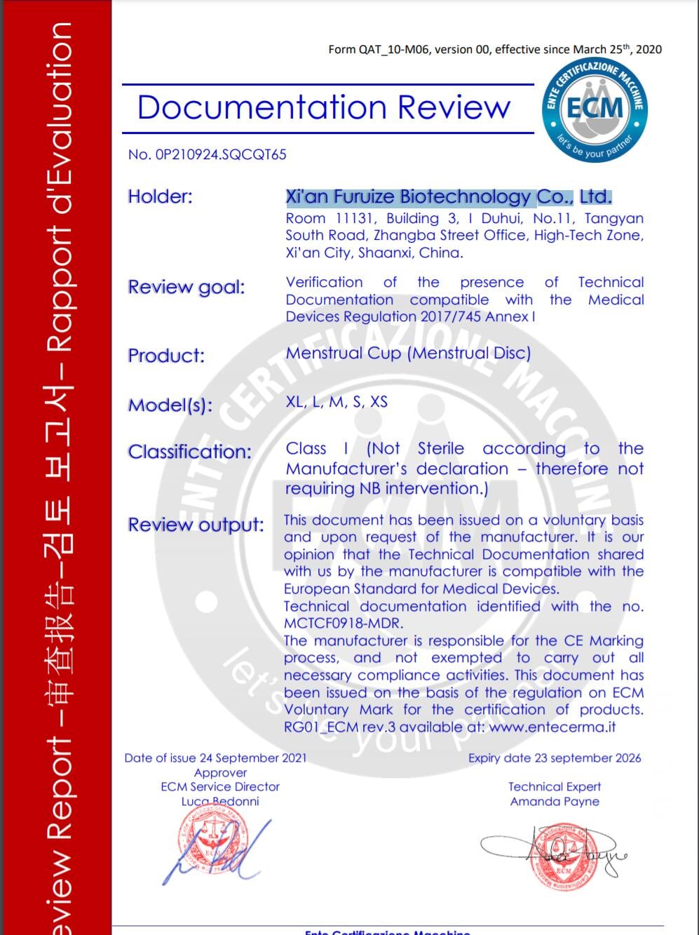 CE certification overview and EU MDR compliance for menstrual cup manufacturing at Furuize