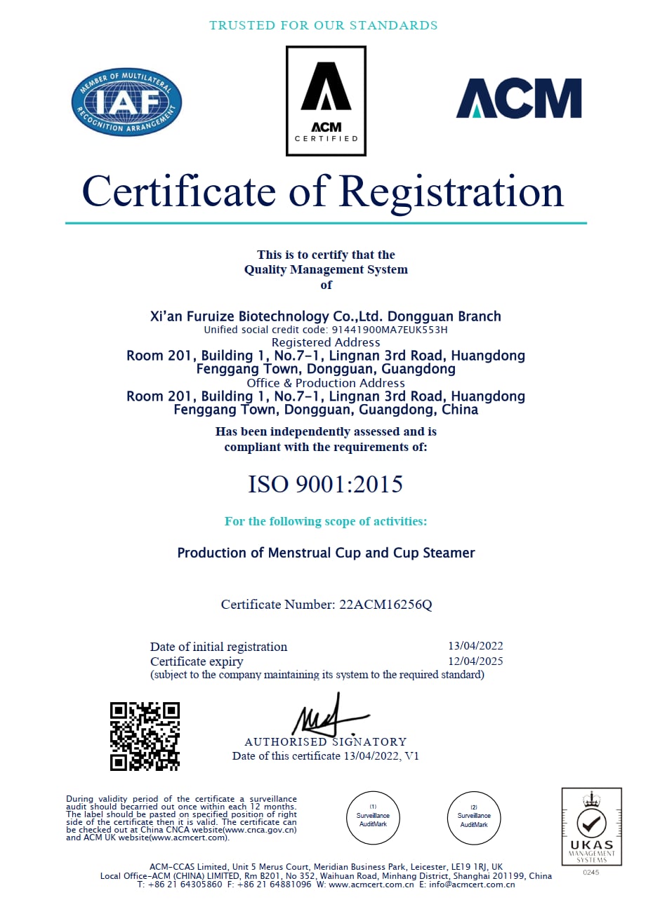 ISO 13485 quality management processes across menstrual cup manufacturing operations