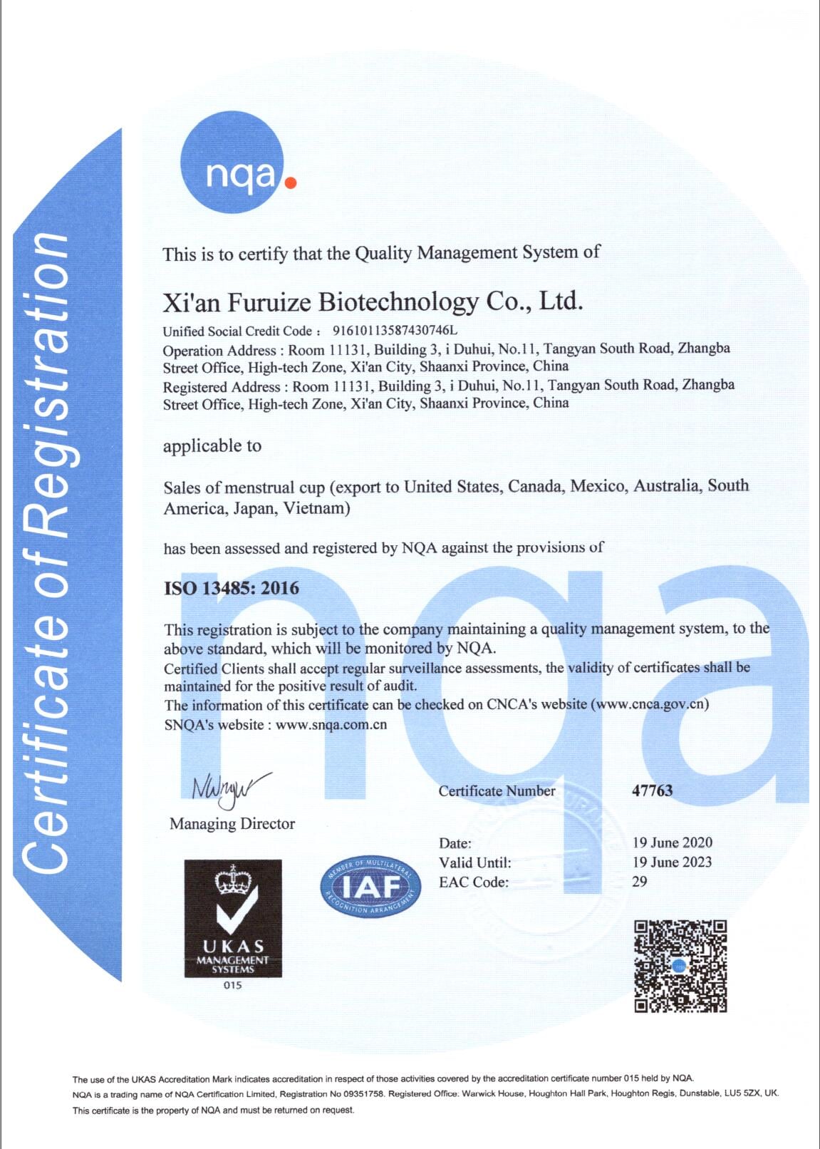 Menstrual cup manufacturer certification portfolio — ISO 13485, FDA, CE, and SGS