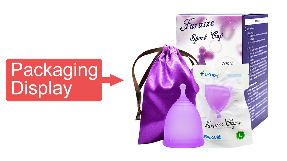 Assorted custom menstrual cup packaging formats including retail boxes, pouches, and branded mailers